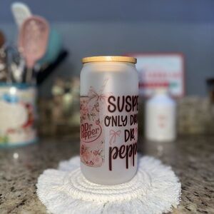 Frosted Dr Pepper Glass Cup with Bamboo Lid